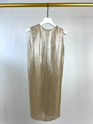 Lanvin Gold Metallic Silk Ruched Dress Size FR 40 (UK 12)