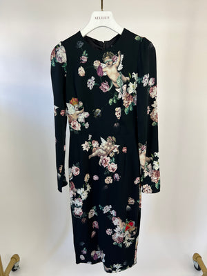 Dolce Gabbana Black Cherub and Rose Print Midi Dress IT 36 (UK 4)