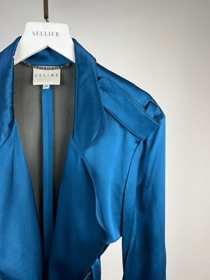 Celine Blue Silk Overcoat with Belt FR 42 (UK 14)