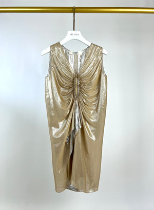 Lanvin Gold Metallic Silk Ruched Dress Size FR 40 (UK 12)