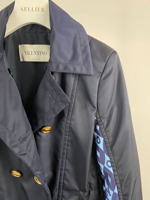 Valentino Navy, Blue and Red Nylon Jacket with Patterned Back and Gold Button Detail Size IT 40 (UK 8)