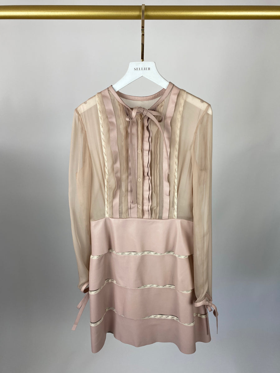 Valentino Pale Pink Silk and Leather Dress with Lace Detail IT 38 (UK 6)