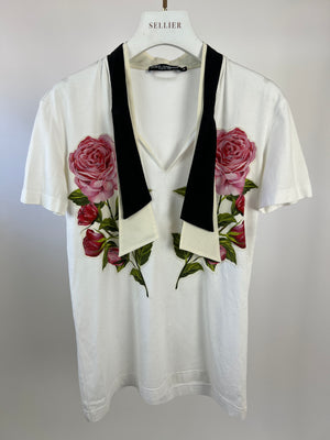 Dolce 
Gabbana White V-Neck T-shirt with Rose and Tie Neck Detail Size IT 36 (UK 4)