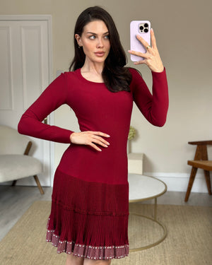 Alaia Red Long-Sleeve Dress with Pleated Trim FR 38 (UK 10)