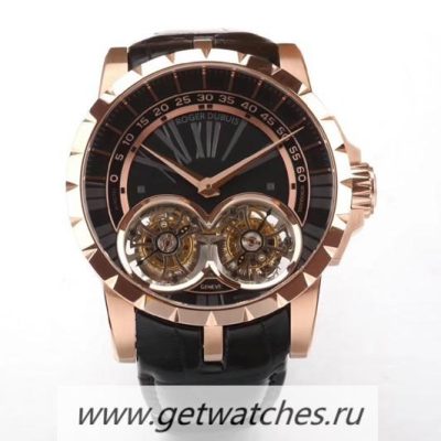 Perfect Wholesale Luxury Roger Dubuis Excalibur Double Flying Tourbillon RDDBEX0250 BBRF Rose Gold Black Dial RD01