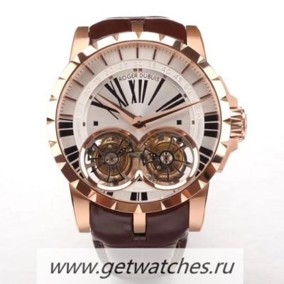 Copy Roger Dubuis Excalibur Double Flying Tourbillon RDDBEX0250 BBRF Rose Gold Silver Dial RD01