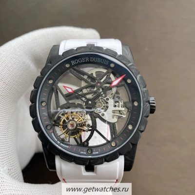NEW Wholesale Luxury Roger Dubuis Excalibur Flying Tourbillon DBEX0577 BBRF Forged Carbon Skeleton Dial White Strap Tourbillon