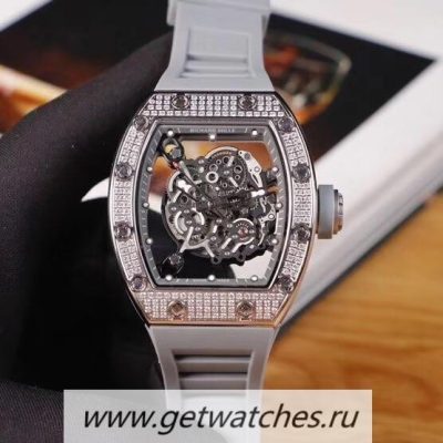 Fake Richard Mille RM55 KVF SS & Diamonds Grey Skeleton Dial M8215